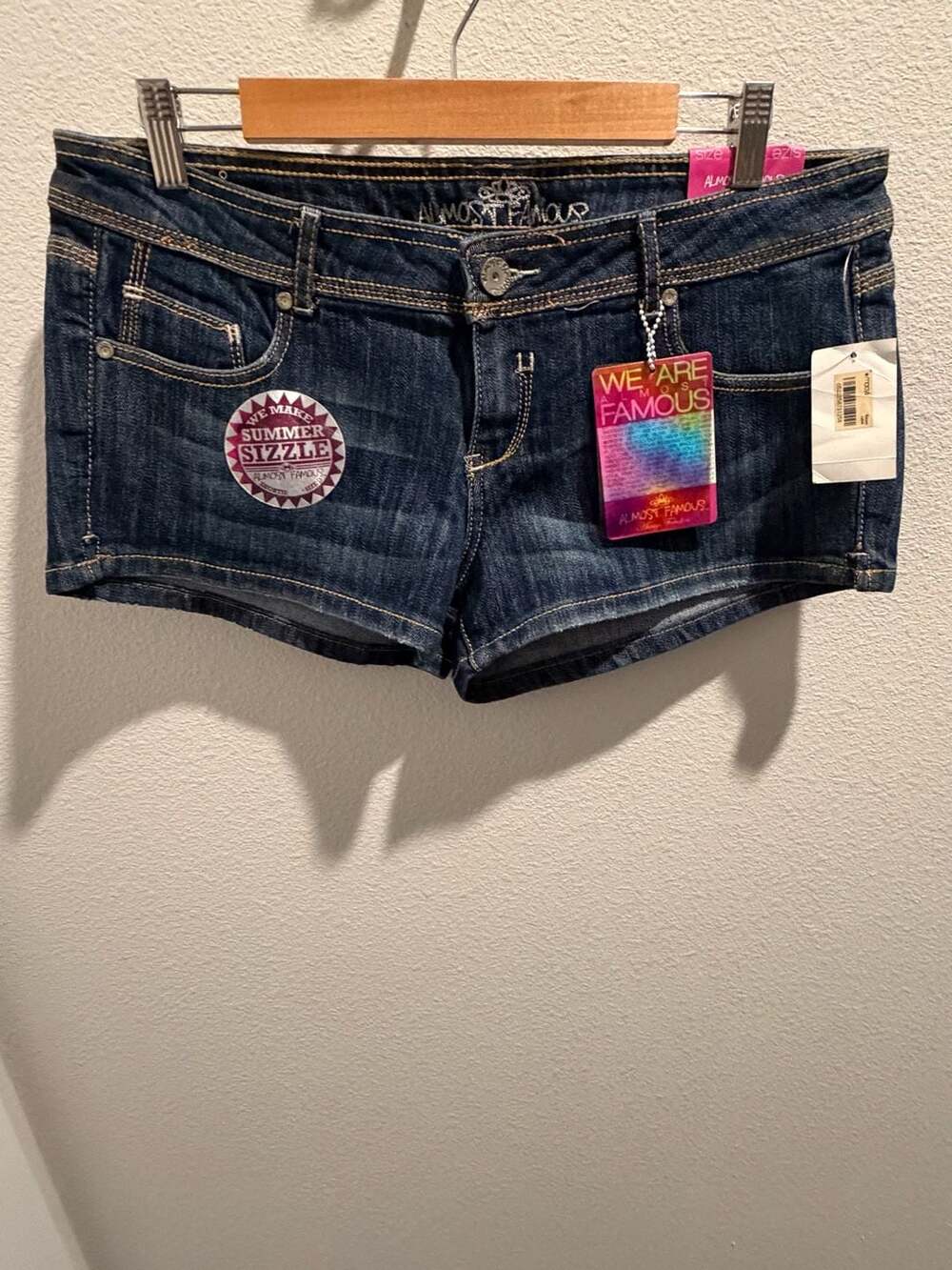 Almost Famous Denim Shortie Shorts Size 13 Embellished Pockets